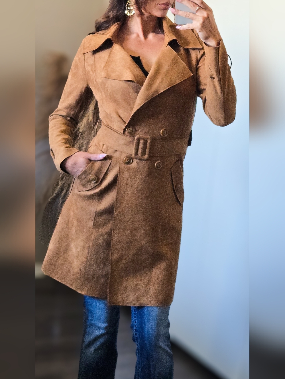 Marfinno Faux Suede Trench Coat Belted Brown Western Boho Jacket XS/S